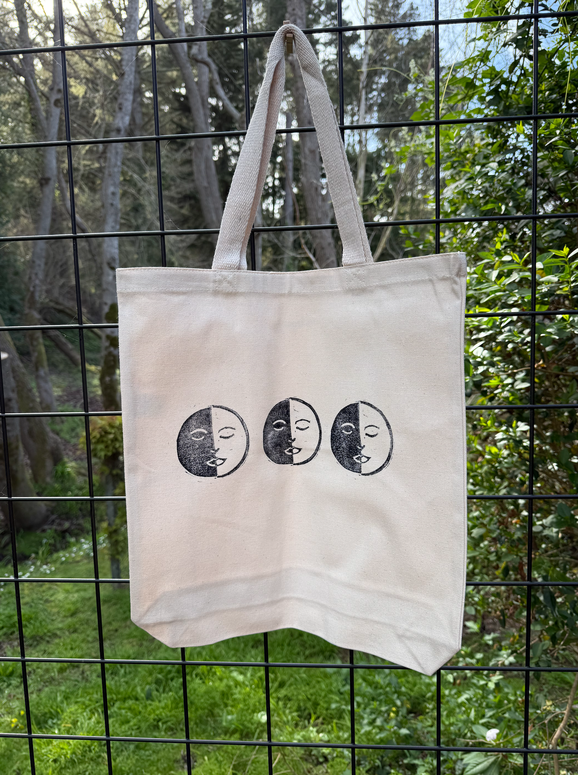 Moon Trio Canvas Tote | Hand-Printed in Prussian Blue